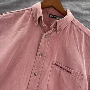 Vintage 90s BMW Red Denim Short Sleeve Shirt L Mens MADE USA Dress And Ride